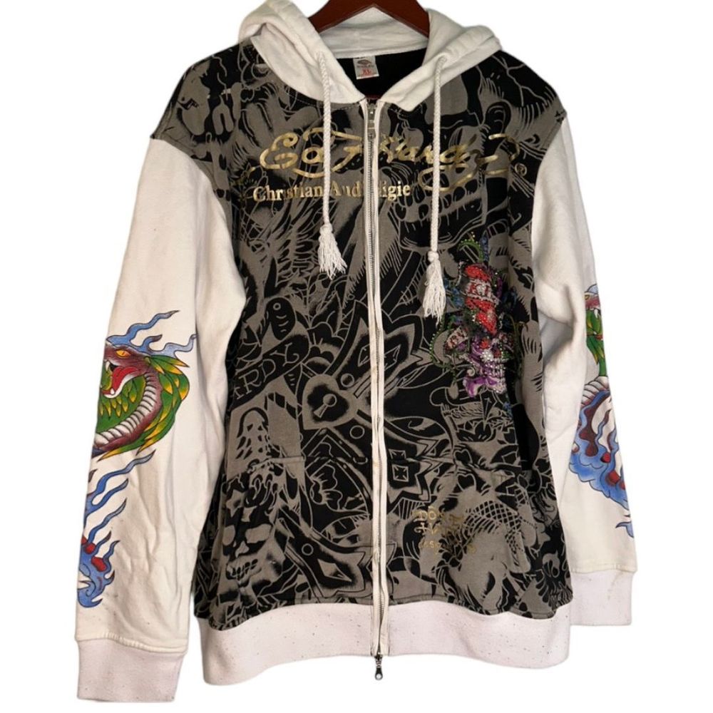 Don Ed Hardy Mens XL Vintage Tattoo Artsy Multicolored Full Zip Hooded Jacket